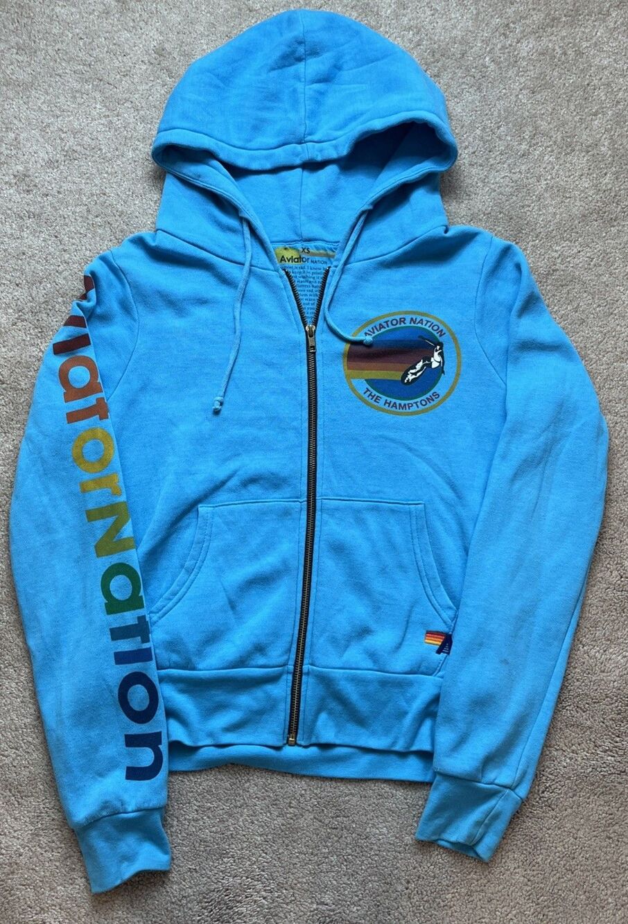 Aviator Nation Zip Up Hoodie XS Blue Neon Rainbow Hamptons Graphic Surf Grunge